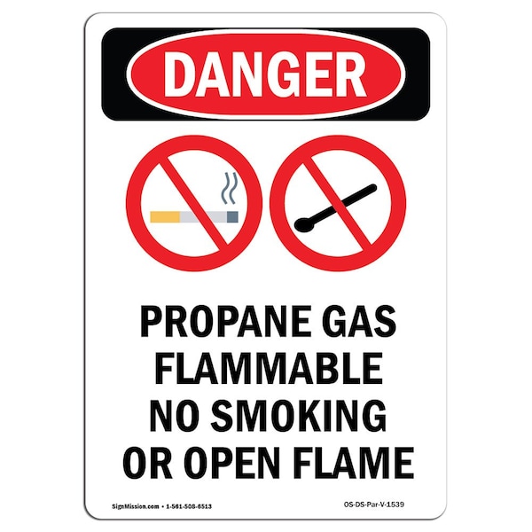 Safety Sign, OSHA Danger, 5" Height, Propane Gas Flammable, Portrait, 10PK